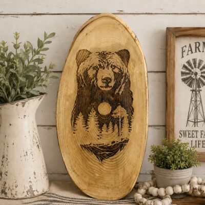 Planche murale en bois gravé – Design Ours 3D