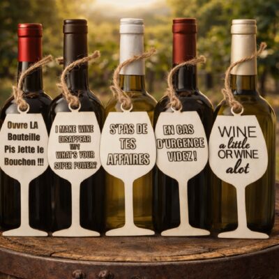 Bouteille de vin en bois gravée – message comique