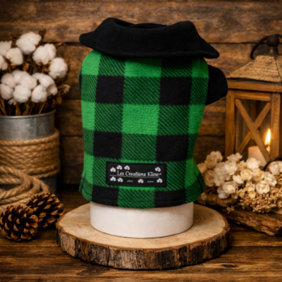 Manteau pour Chien – Molleton Carreaux Vert & Noir avec Snap
