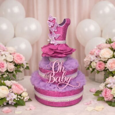 Gâteau de Couches Personnalisé Robe et papillons scintillants!